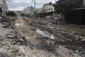 Israeli occupation army bulldozers destroyed infrastructure and sewage networks in the town of Qabatiya, south of the city of Jenin in the West Bank on 23 February 2025 