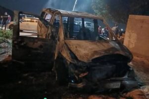 View of a burnt car caused by Israeli settlers who attacked and burned the Palestinian village of Khirbet Al-Marjam in the occupied West Bank on 13 March 2025