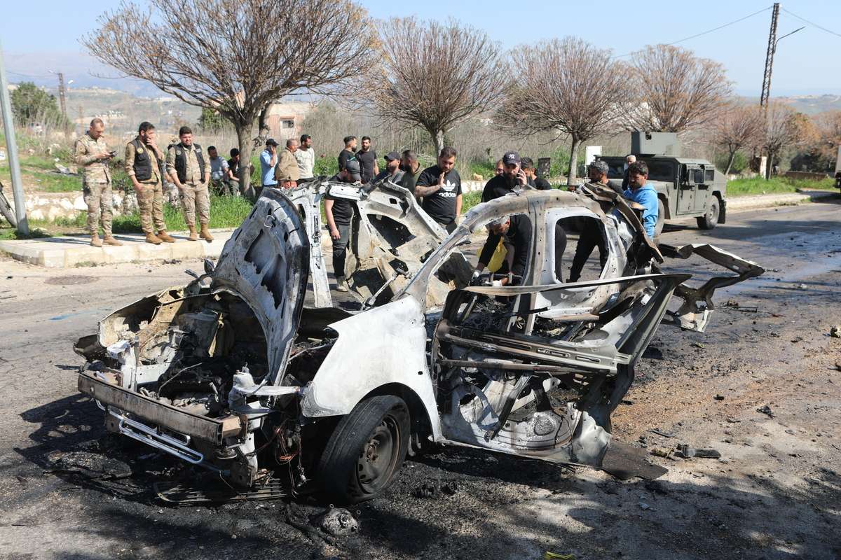 A vehicle targeted by an Israeli airstrike in the town of Borj El Mlouk, in the south of Lebanon on March 15 2025.