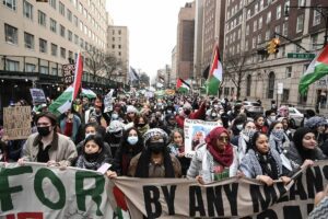 Pro-Palestinian protesters demonstrate outside the Columbia University in New York City, United States on February 02, 2024.