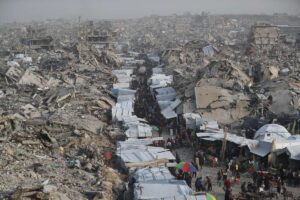 An aerial view of Palestinians shopping at a market set up among the rubble in Jabalia Refugee Camp, northern Gaza, during the holy month of Ramadan on March 05, 2025.