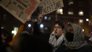 Pro-Palestinian protesters gather outside Columbia University Campus in New York City to protest against the former Israeli Prime Minister Naftali Bennett, New York, US, 4 March 2025.