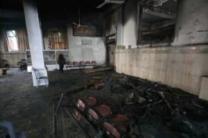 Palestinians inspect damage at Nasser Mosque raided and set on fire by Israeli forces in Nablus, West Bank on March 07, 2025.