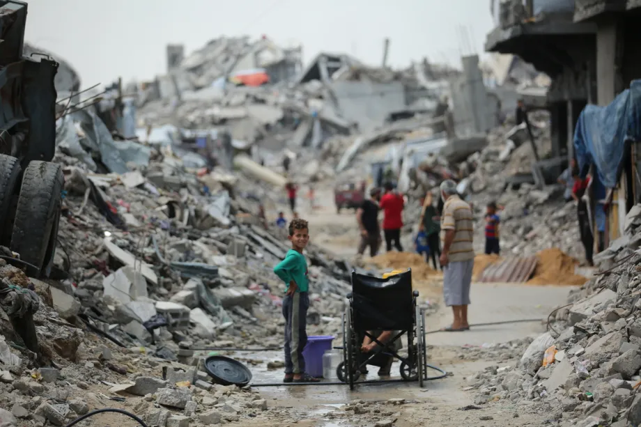 Displaced Palestinians taking refuge in makeshift tents and heavily damaged schools or houses continue their life amid the ongoing humanitarian crisis due to Israeli blockade in Jabalia camp, north of Gaza on May 03, 2025.