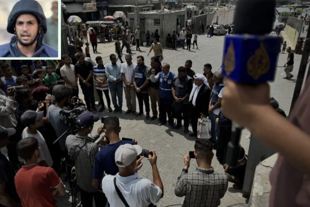 Journalists and Palestinians gather in front of the Nasser Hospital, led by the Palestinian Journalists’ Union, to protest the deaths of Al Jazeera correspondents who were killed in an Israeli airstrike on a journalists’ tent near the Al-Shifa Hospital in the Gaza city center, on August 11, 2025 in Khan Younis, Gaza.