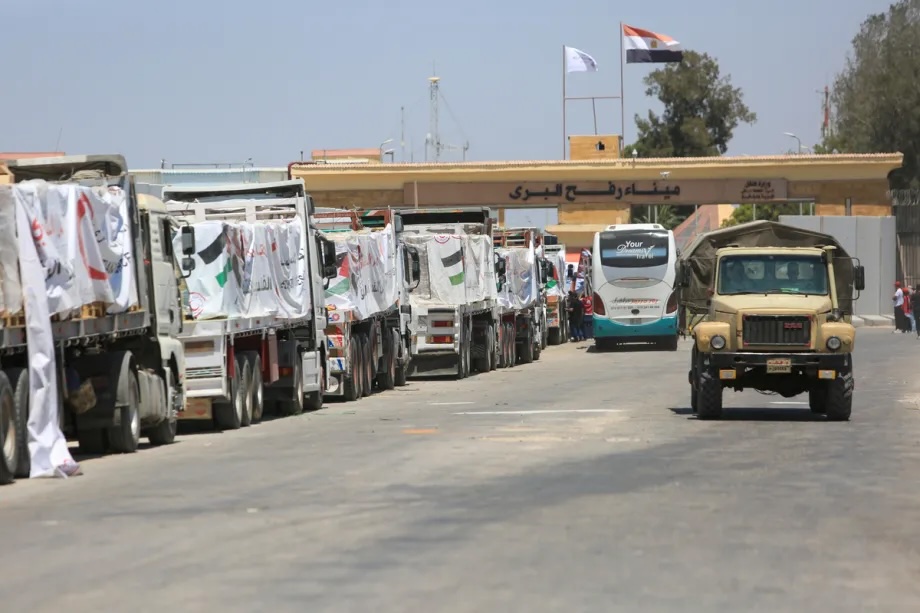 Aid trucks loaded with humanitarian supplies remain stranded at the Rafah Border Crossing on the Egyptian side due to Israeli attacks and closed border crossings, on August 6, 2025.