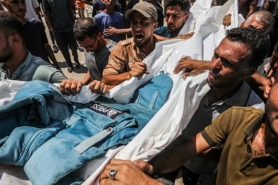 A funeral ceremony is being held in the courtyard of Nasser Hospital for the four journalists killed in an Israeli attack on the hospital in Khan Younis, Gaza on August 25, 2025.