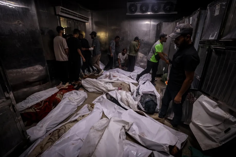 Bodies of the Palestinians who died as a result of the Israeli attacks are brought to the Nasser Hospital for burial in Khan Younis, Gaza on August 05, 2025.