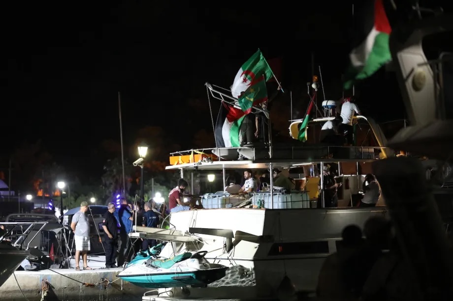 The Deir Yasin vessel from the Maghreb Sumud Convoy prepares to leave for Gaza to deliver humanitarian aid, in Tunis, Tunisia on September 16, 2025.