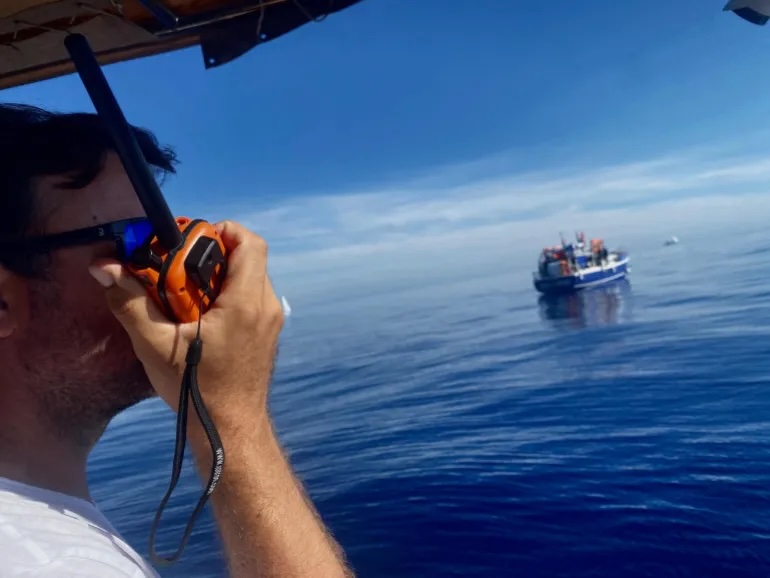 Boats of the Global Sumud Flotilla coordinate at sea