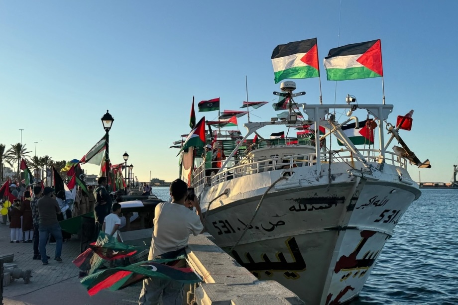 People gather at the Port of Tripoli to show their support as the “Omar al-Mukhtar” ship, which will join the Global Sumud Flotilla from Libya, prepares to leave in Tripoli, Libya on September 16, 2025.