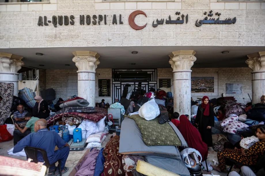 Palestinians displaced by Israeli attacks take shelter in the courtyard of Al-Quds Hospital, run by the Palestinian Red Crescent, in the Tel al-Hawa neighborhood of Gaza City, Gaza on September 16, 2025.