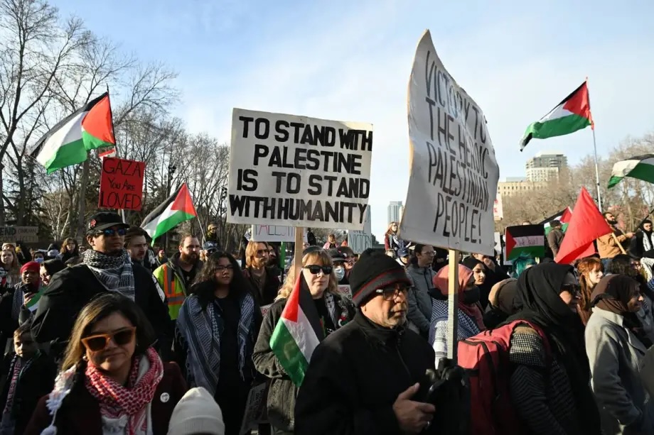 Members of the Palestinian diaspora, students and local supporters of the Palestinian cause gather during the ‘Rage For Gaza!’ emergency demonstration outside the Alberta Legislature in Edmonton, Canada, on March 19, 2025.