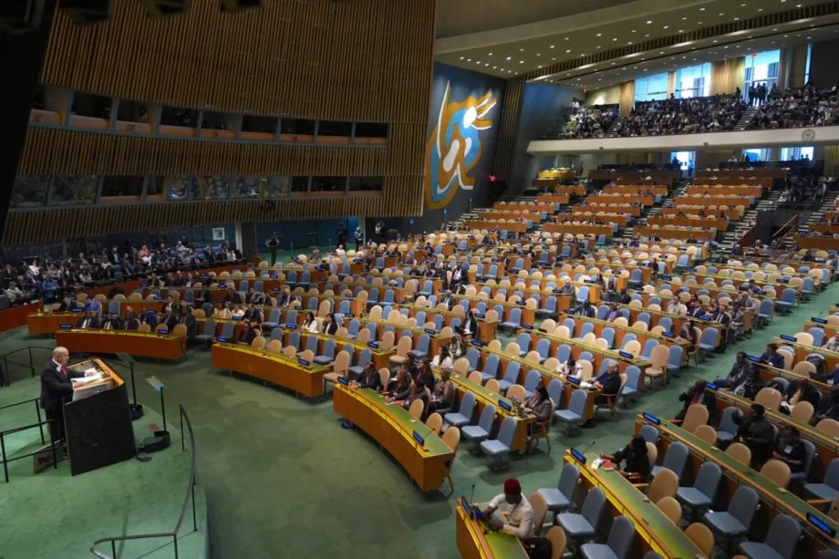 The majority of the seats are empty as Israeli Prime Minister Benjamin Netanyahu speaks during the UN General Assembly (UNGA) on September 26, 2025 in New York City, United States.