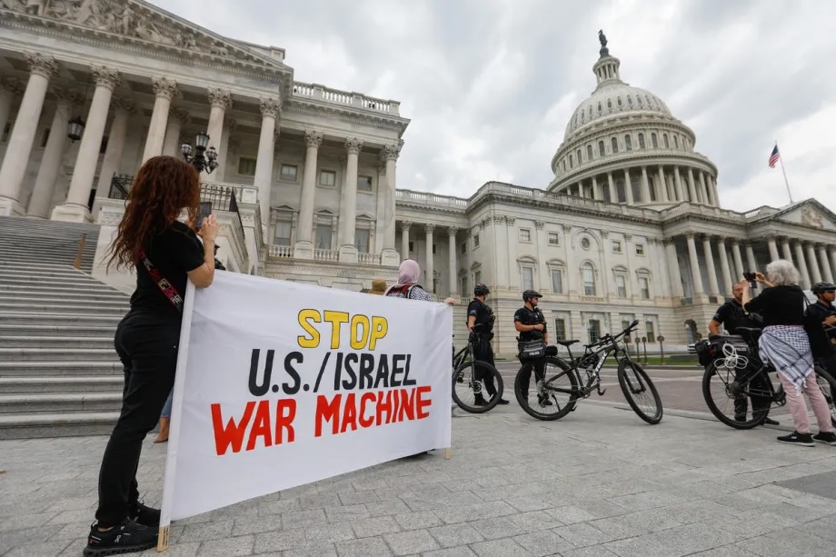 US Capitol Police detain demonstrators supporting Palestine during a protest in front of the U.S. Capitol building on September 24, 2025 in Washington, DC.
