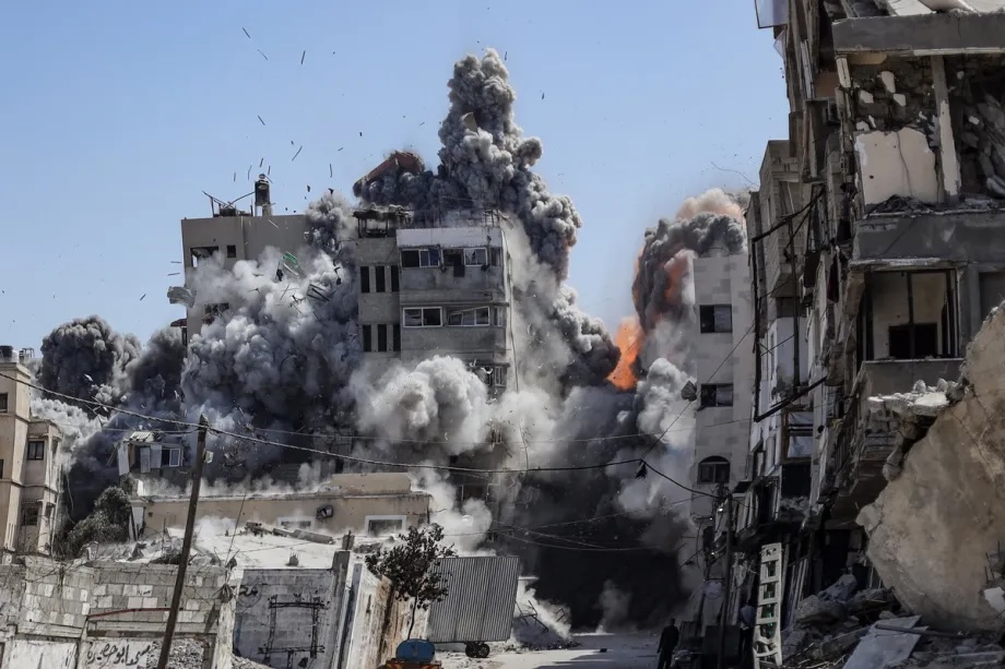 Smoke rises from the area targeted by Israeli forces in Gaza City, Gaza on September 27, 2025.