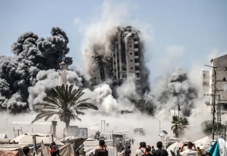 The Mushtaha Tower, located in the western part of Gaza City, was surrounded by hundreds of makeshift tents for the displaced before it was bombed and destroyed by Israel on Sept 5, 2025