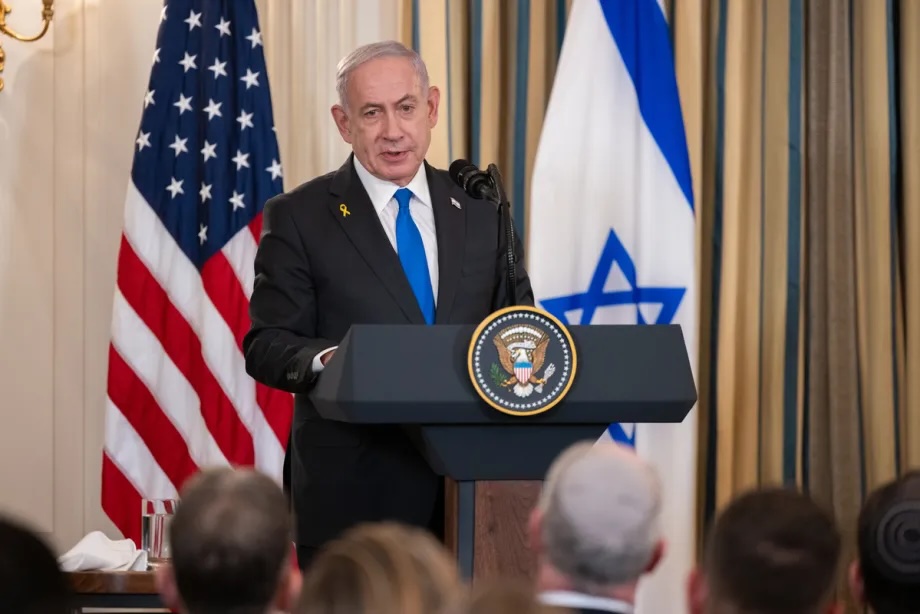 Israeli Prime Minister Benjamin Netanyahu gives opening remarks during a press conference with President Donald Trump conference in the State Dining Room of the White House in Washington, DC on September 29, 2025.