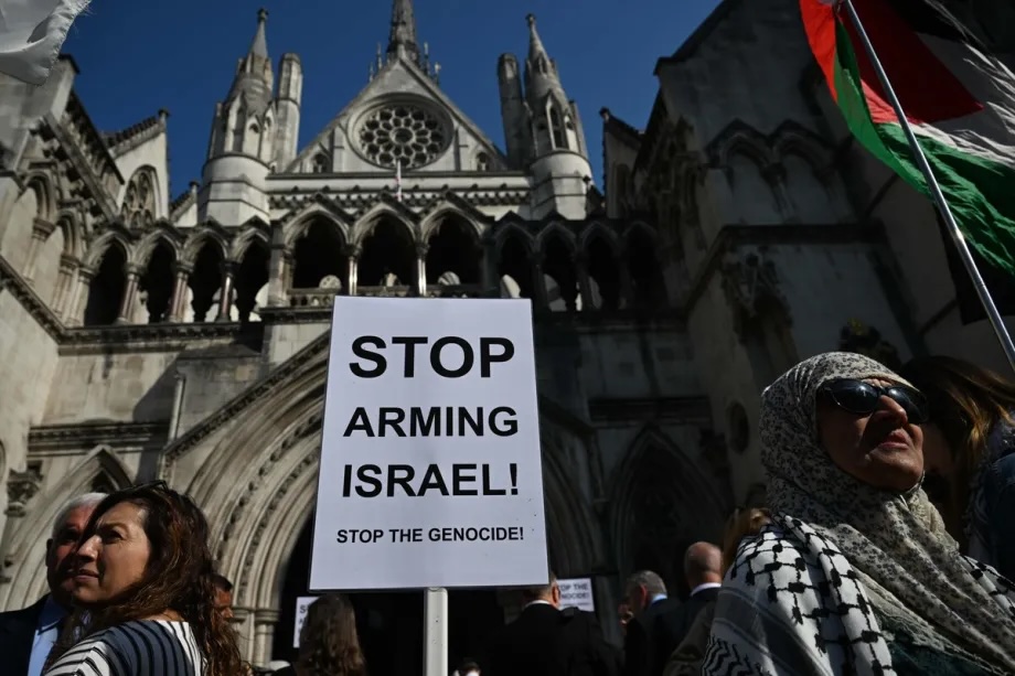 Demonstrators gather in front of the UK High Court demanding an end to the supply of weapons used in the attacks on Gaza in London, United Kingdom on May 13, 2025.