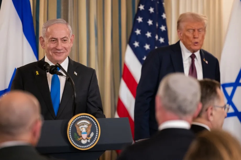 Israeli Prime Minister Benjamin Netanyahu and President Donald Trump depart the State Dining Room of the White House following a press conference in Washington, DC on September 29, 2025.