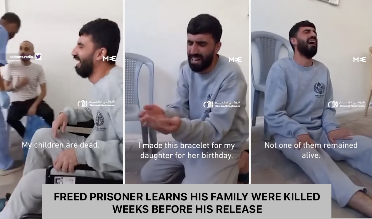 Freed prisoner Haitham Salem broke down in tears upon his release after learning that Israel had killed his wife and all three of his children weeks before his release.