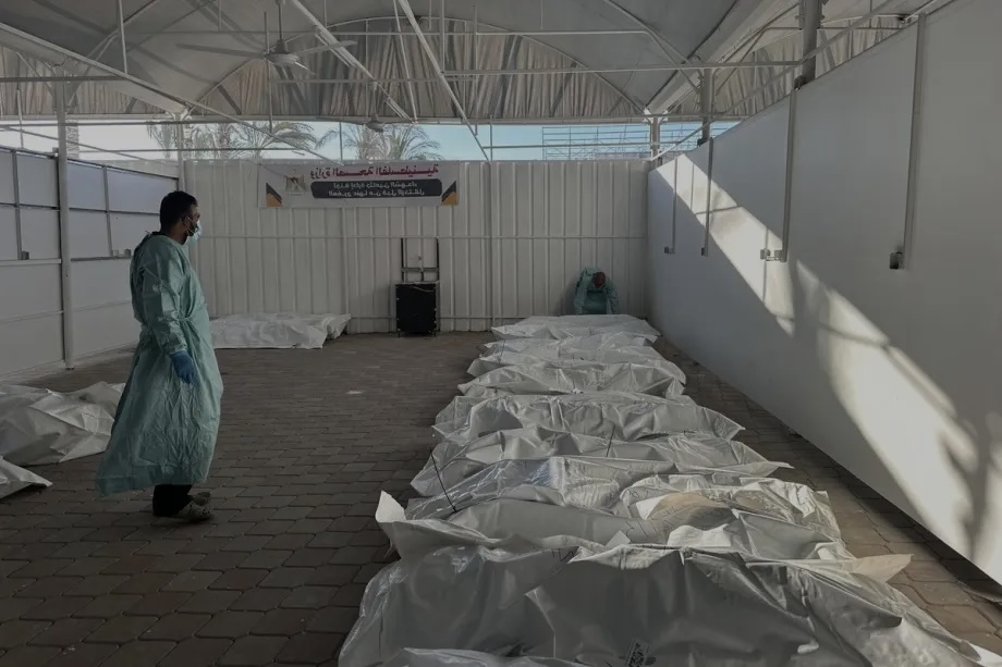 Nasser Hospital in Khan Younis, Gaza receives 45 bodies from Israel for identification, on October 15, 2025.