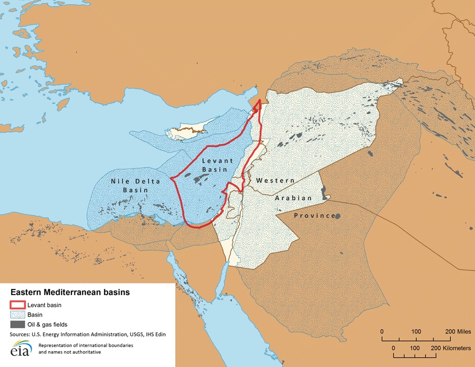 Eastern Mediterranean basins including Levent basin and oil and gas fields