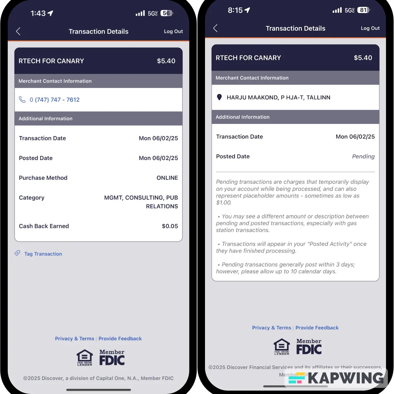 Screenshot of the transaction details and merchant information, including “RTECH FOR CANARY” in the merchant information and location data traceable to Estonia 