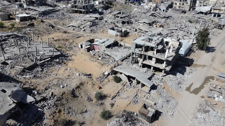 Aerial visuals display the widespread destruction in Batn al-Samin, Khan Younis