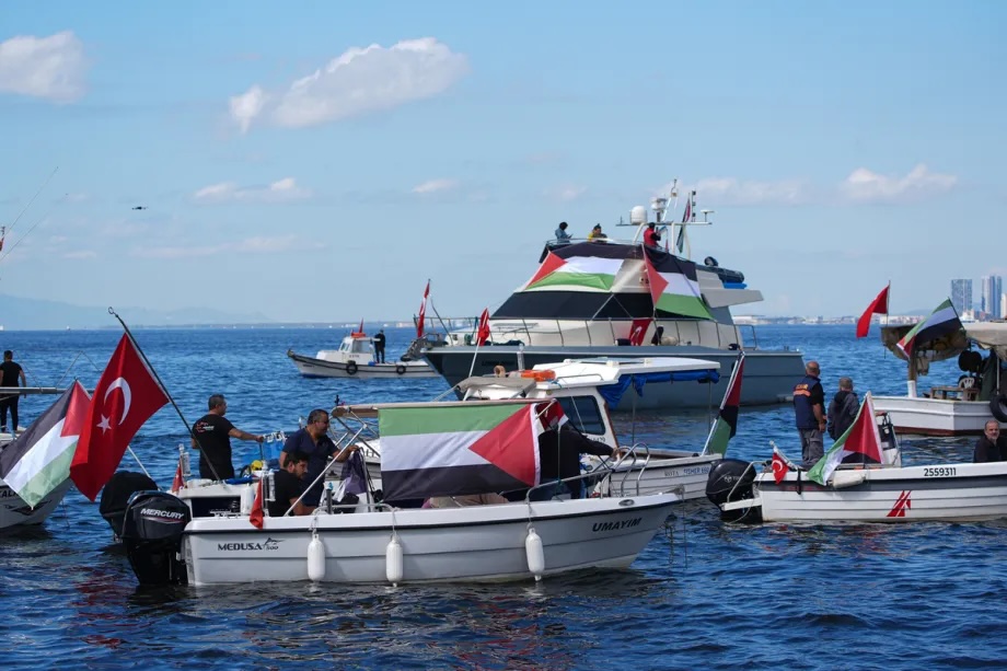 Boats adorned with Turkish and Palestinian flags set sail in support of the Global Sumud Flotilla, in Izmir, Turkiye on October 05, 2025.