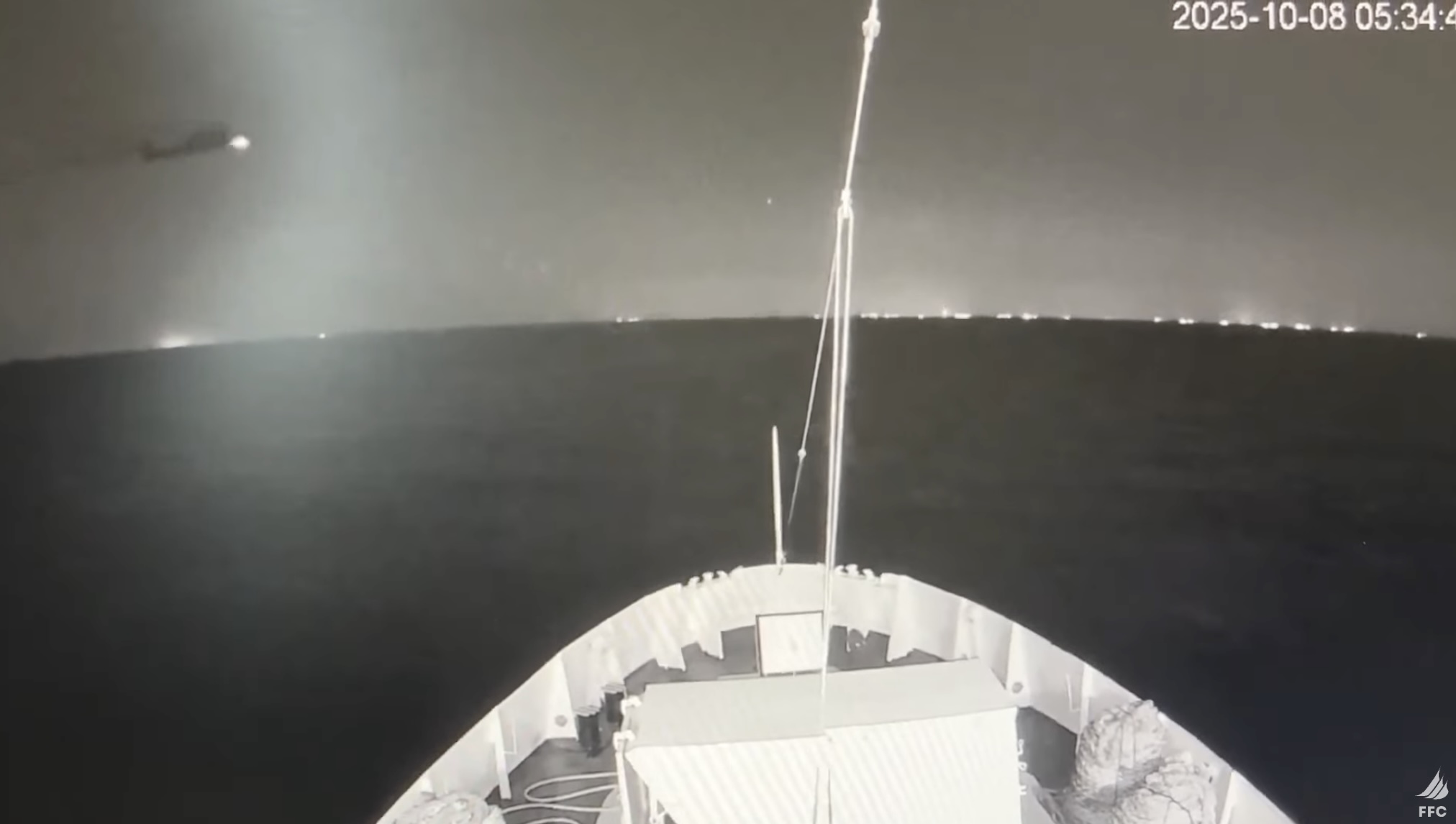 Screenshot of live stream of one of the boats, as Israeli helicopters circle the flotilla and Israeli soldiers prepare to board and kidnap crew.