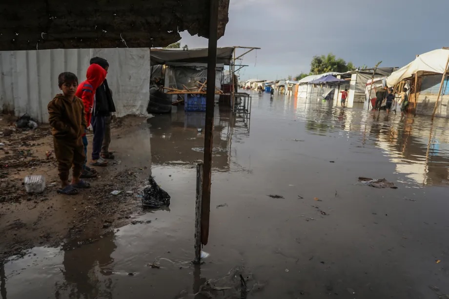 Displaced Palestinians whose homes were destroyed by Israel’s attacks on the Gaza Strip and who now live in the Mawasi area of Khan Younis are enduring difficult days due to heavy rains and cold weather on November 15, 2025.
