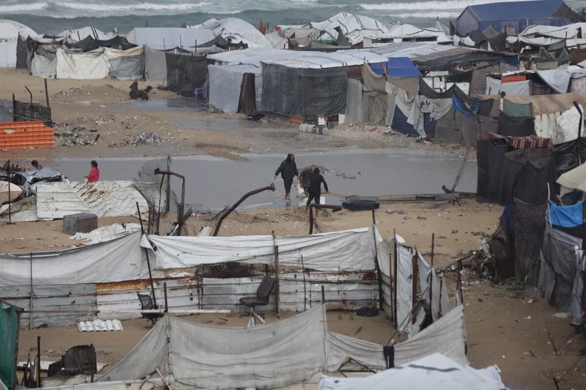 A view of the Shujaiya neighborhood after rainfall that flooded tents and left water and mud throughout the area in Gaza City, Gaza on November 14, 2025.
