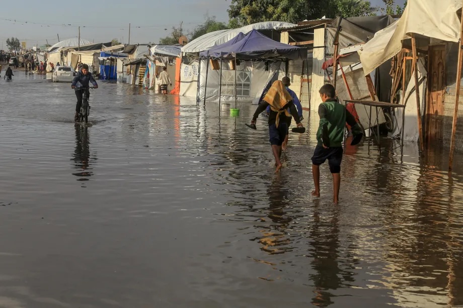 Displaced Palestinians whose homes were destroyed by Israel’s attacks on the Gaza Strip and who now live in the Mawasi area of Khan Younis are enduring difficult days due to heavy rains and cold weather on November 15, 2025.