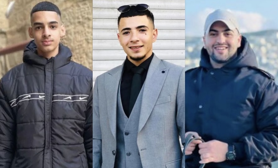 Sami Ibrahim Sami Mashayekh, 16 (L) and Amr Khaled Ahmed al-Marbou, 18 (C), were killed by Israeli forces in Kafr Aqab in occupied East Jerusalem, Nov 21, 2025; Younis Walid Muhammad Ishtayeh (R), 24, was killed near Nablus on the same day.