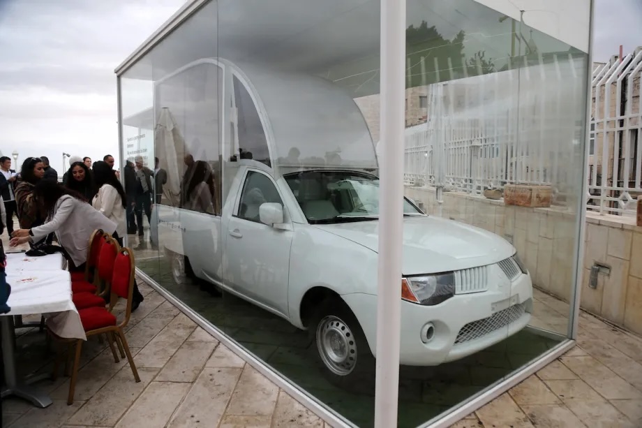 A view of the papal vehicle previously donated to Gaza by former Pope Francis, refurbished and prepared to serve as a mobile clinic in Bethlehem, West Bank on November 25, 2025.