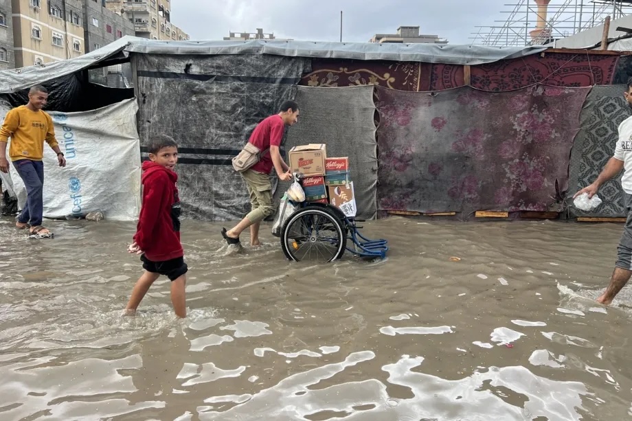A view of makeshift tents flooding after heavy rainfall at the Nuseirat Refugee camp as the Palestinian families struggle to live under harsh living conditions while the Israeli attacks continue in Nuseirat, Gaza on November 25, 2025.
