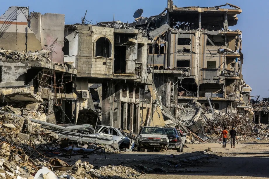 A view of ruins of destroyed buildings in the Bani Suheila area of Khan Younis, Gaza on November 27, 2025.