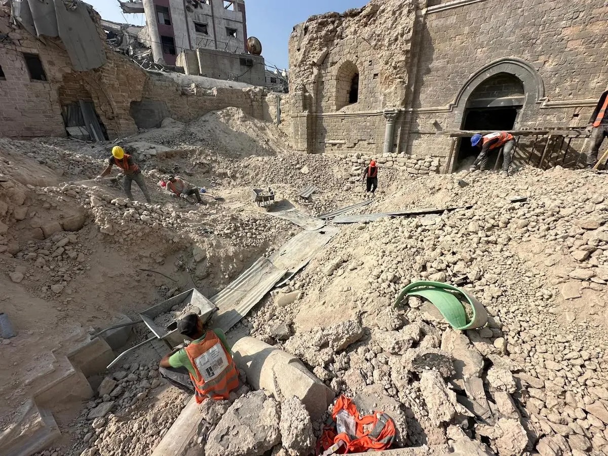 Rubble removal efforts at the historic Great Omari Mosque and the Palestinian Museum (Qasr al-Basha), which once housed 40,000 archaeological artefacts, in Gaza City, Gaza, on November 20, 2025.