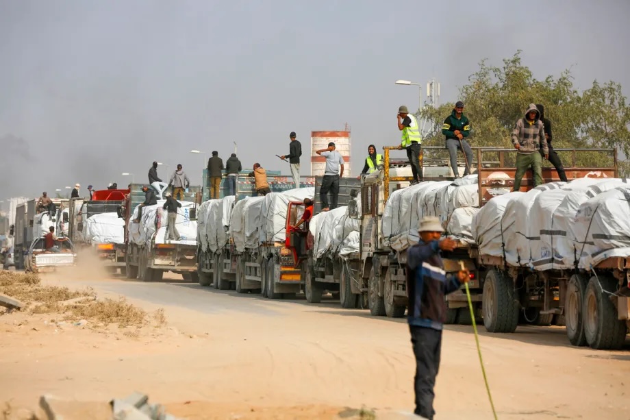 Trucks carrying food and fuel are passing through the Kissufim Border Crossing and heading towards Gaza under the ceasefire agreement between Israel and Hamas and reach the Gaza Strip in Deir al-Balah, Gaza on November 06, 2025.