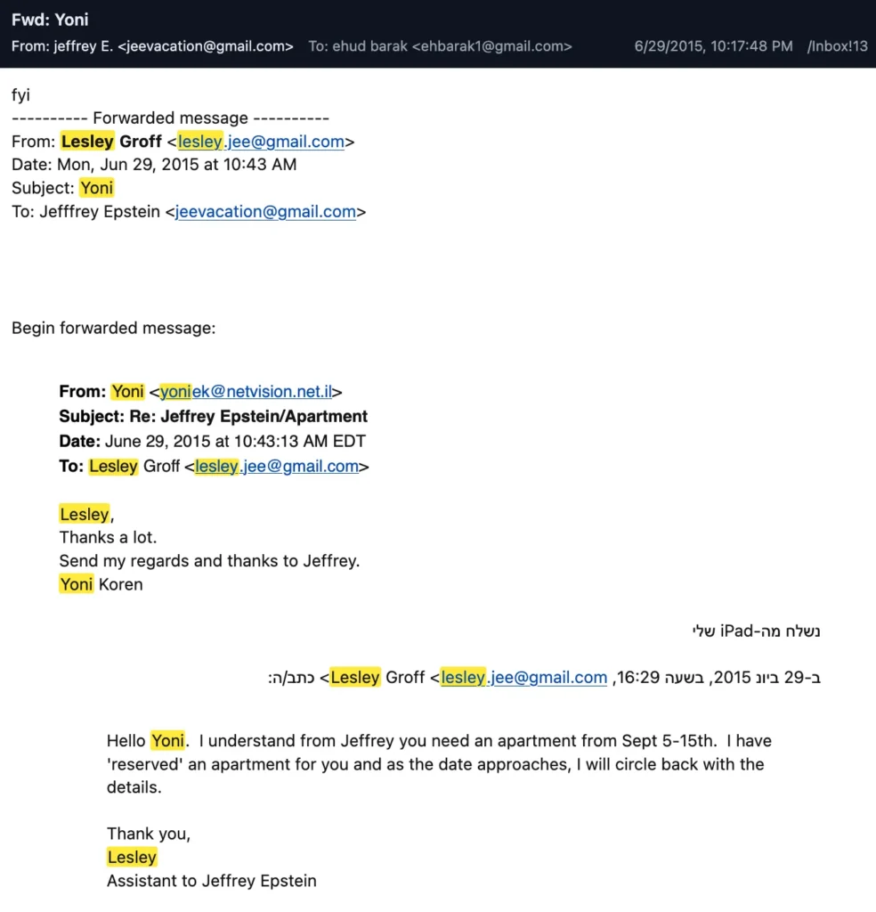 Koren stayed in Epstein’s apartment for a third time in September 2015. Koren stayed in Epstein’s apartment for a third time in September 2015.