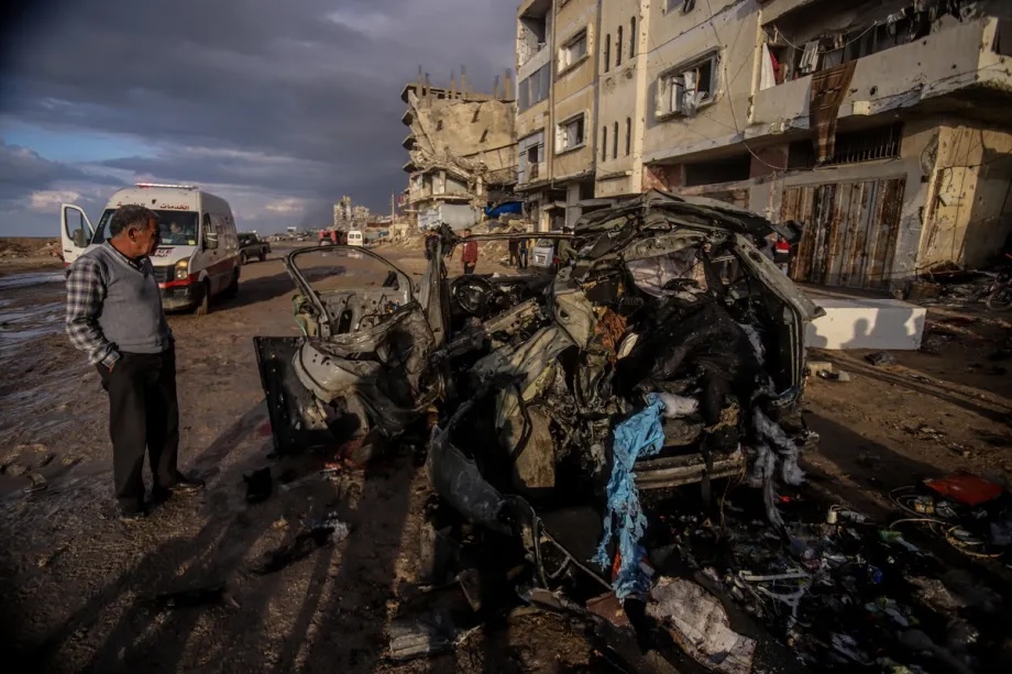 Four Palestinians lost their lives after an Israeli airstrike that targeted a vehicle at Al-Rashid Al-Bahri Street in the western part of Gaza City, Gaza on December 13, 2025.
