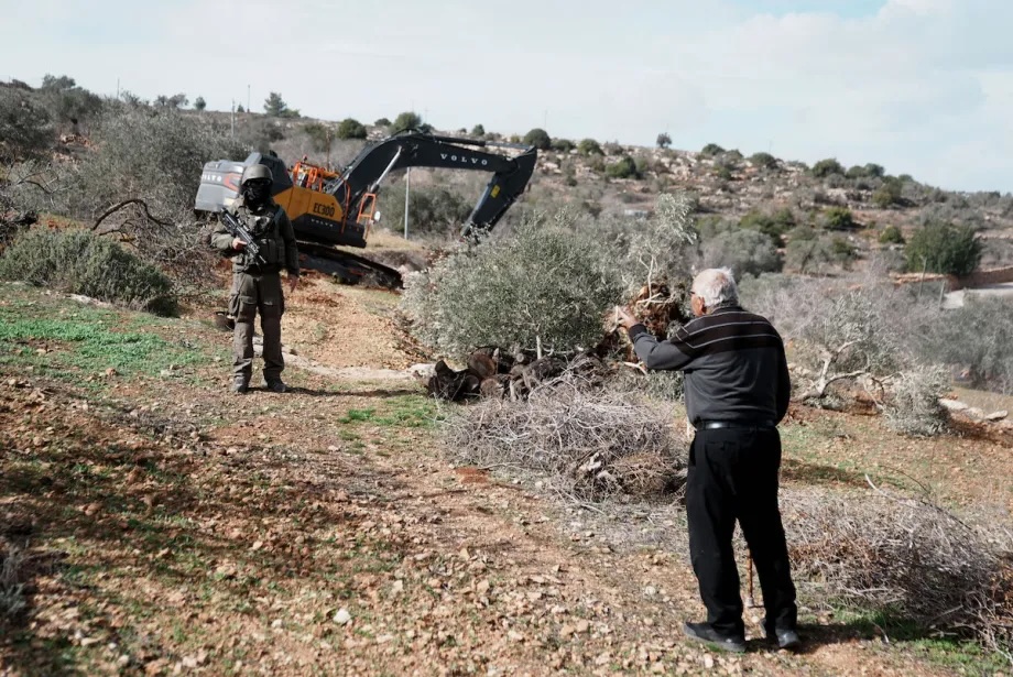 Israeli soldiers stand by as Israeli construction vehicles destroy agricultural lands and uproot centuries-old olive trees in the village of Karyut, south of the city of Nablus, West Bank on December 08, 2025.