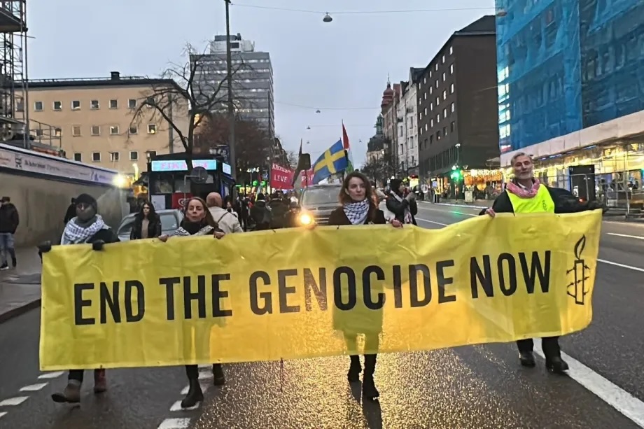 Hundreds carrying banners and Palestinian flags, gather at Odenplan Square on the call of several civil society organizations to protest Israel’s ongoing attacks on Gaza and the violation of the Oct. 10 ceasefire, including renewed airstrikes and restrictions on humanitarian aid in Stockholm, Sweden on December 6, 2025.