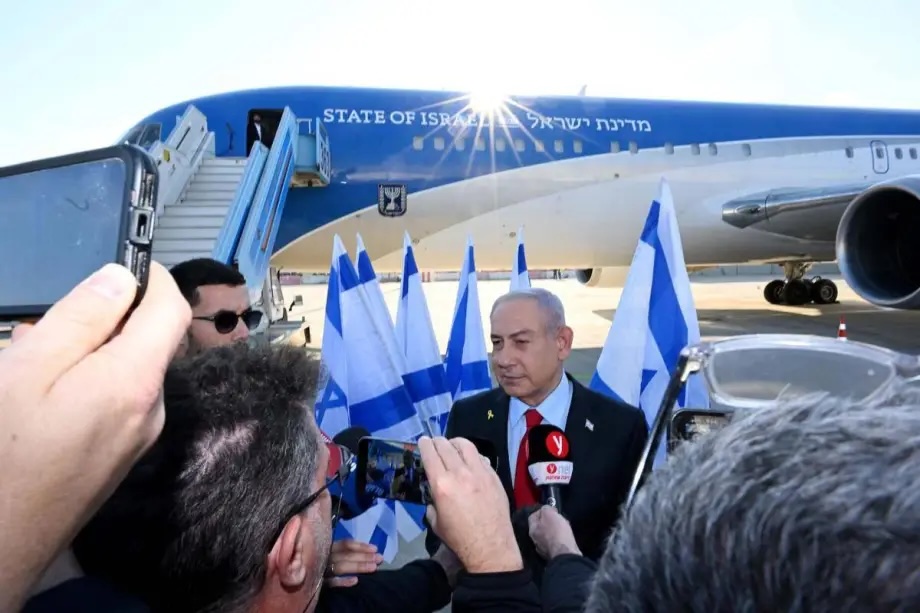 Israeli Prime Minister Benjamin Netanyahu makes statements at Ben Gurion Airport ahead of his visit to Washington DC, where he will meet with US President Donald Trump in Tel Aviv, Israel on February 02, 2025.