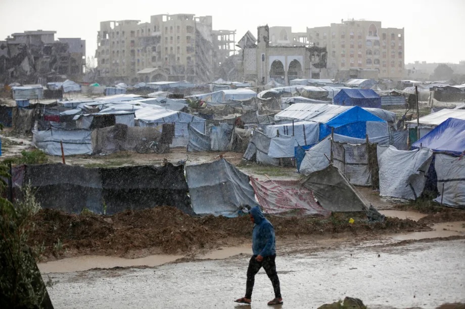 Displaced Palestinians are living in makeshift tents under harsh conditions in Deir al Balah, Gaza on December 29, 2025.