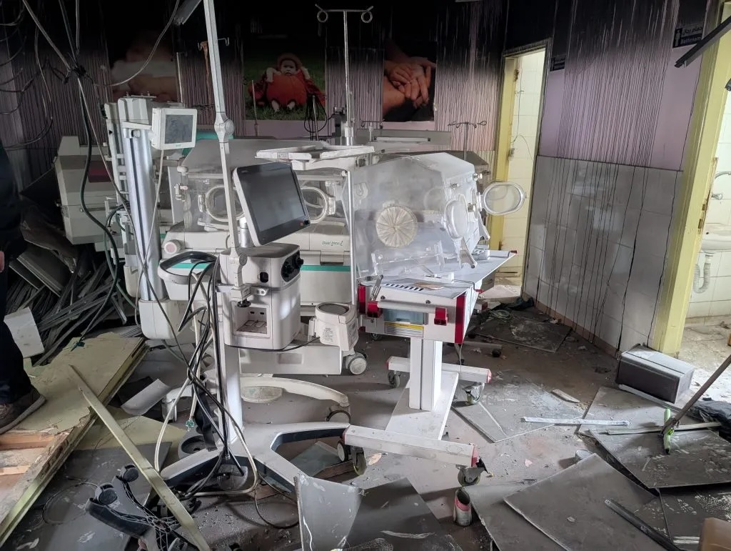 Destroyed incubators and equipment at the Kamal Adwan Hospital Neonatal Intensive Care Unit in north Gaza, following the targeting and raid of the facility by the Israeli forces in December 2024 (February 2025).
