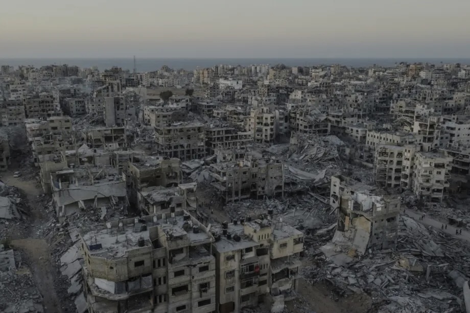 An aerial view from Sheikh Ridwan in Gaza City, Gaza, shows the heavy destruction left behind after the Israeli army withdraws following a ceasefire agreement, on October 25, 2025.