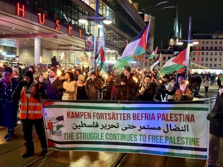 People gather for a demonstration in support of Palestinians in Stockholm the capital of Sweden on December 31, 2025.