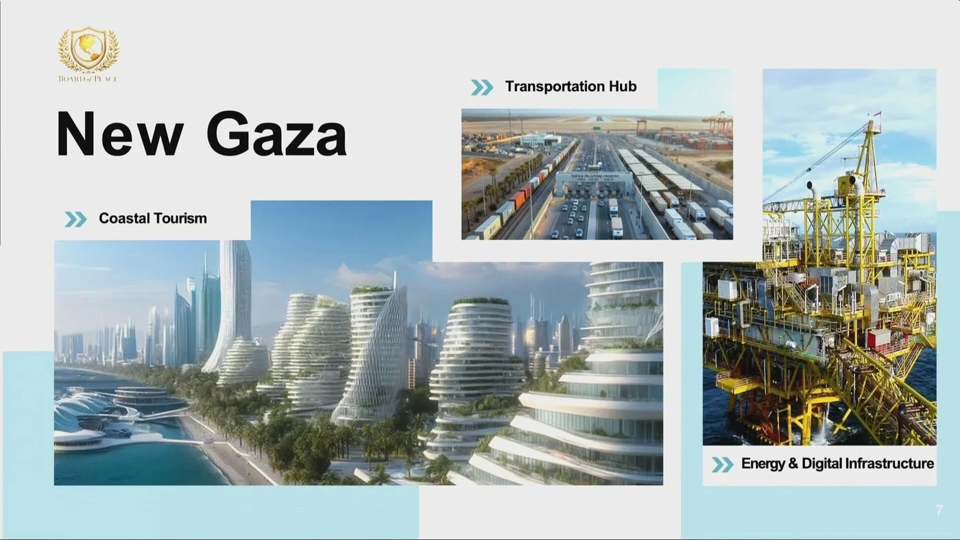 A screengrab of a slide shared by Jared Kushner, US special envoy, on the future of Gaza presented at Davos on 22 January 2025